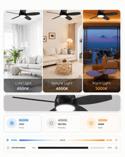 Black AeroGlow ceiling fan with warm, neutral and cool adjustable LED lighting