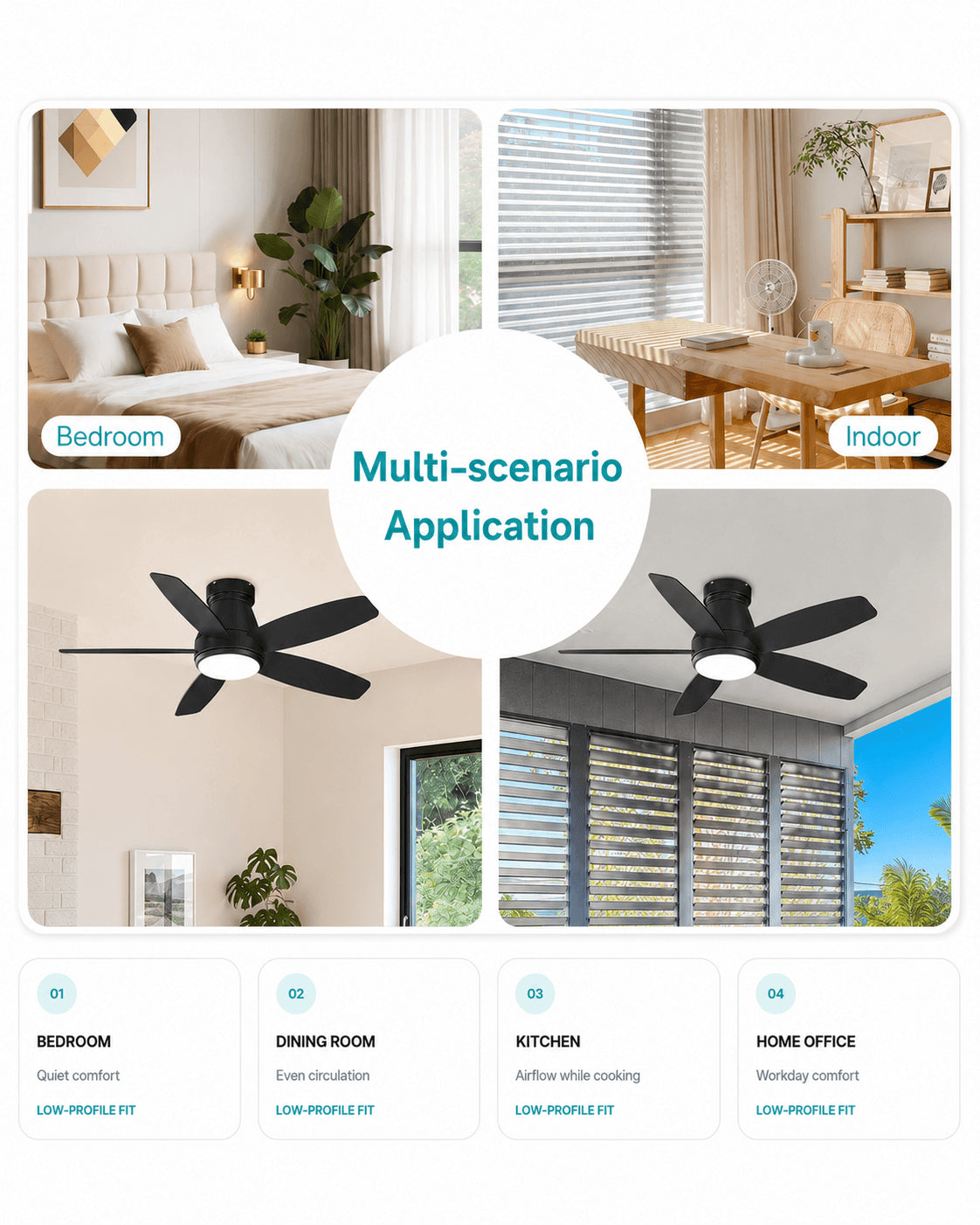 Black AeroGlow 42-inch ceiling fan light shown in bedroom, dining and office settings