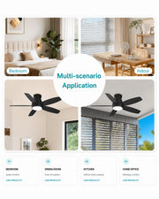 Black AeroGlow 42-inch ceiling fan light shown in bedroom, dining and office settings