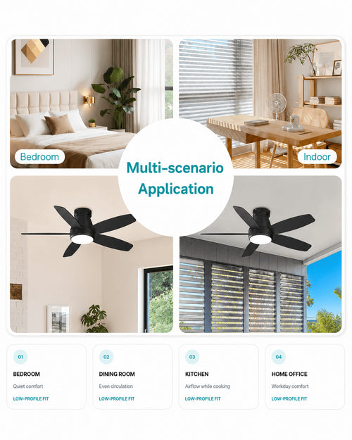 Black AeroGlow 42-inch ceiling fan light shown in bedroom, dining and office settings