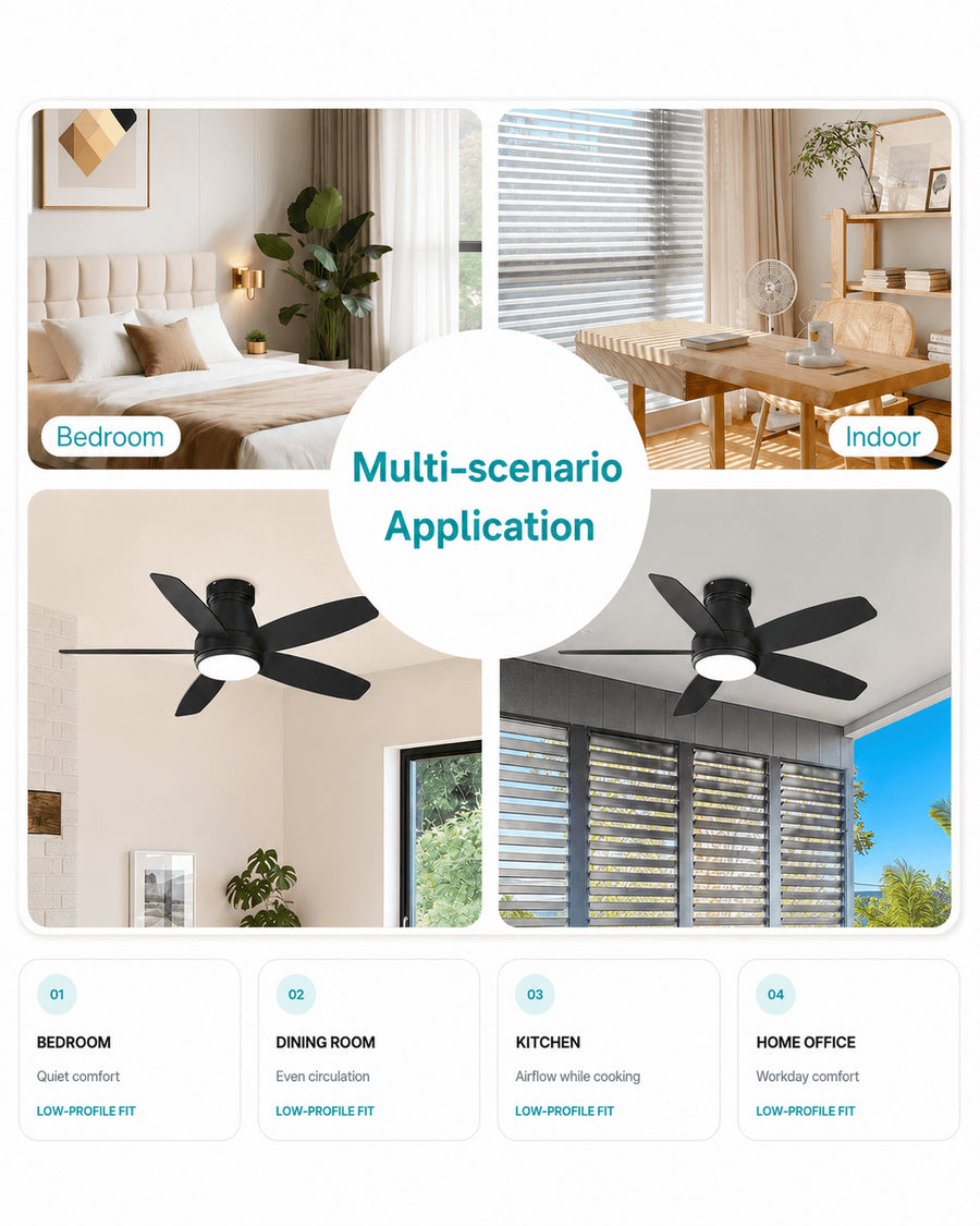 Black AeroGlow 42-inch ceiling fan light shown in bedroom, dining and office settings