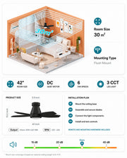 Dimensions and installation guide for the black AeroGlow 42-inch ceiling fan light