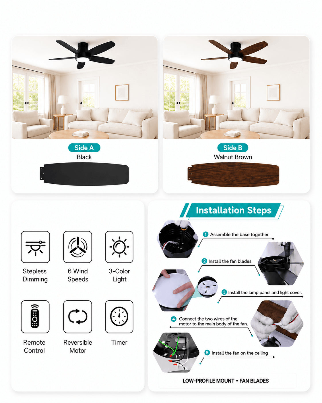 Low-profile flush-mount design of the black AeroGlow 42-inch ceiling fan light