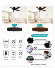 Low-profile flush-mount design of the black AeroGlow 42-inch ceiling fan light