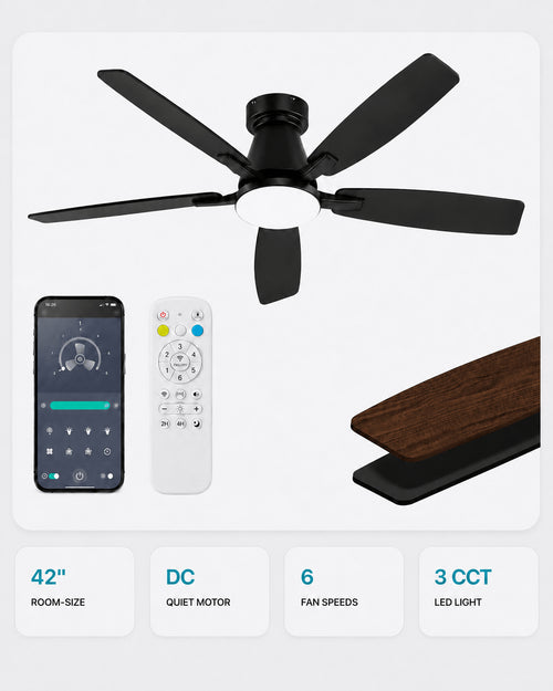 Black FancyMay AeroGlow 42-inch low-profile ceiling fan with LED light
