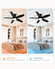 Black AeroGlow ceiling fan light illustrating reversible seasonal airflow