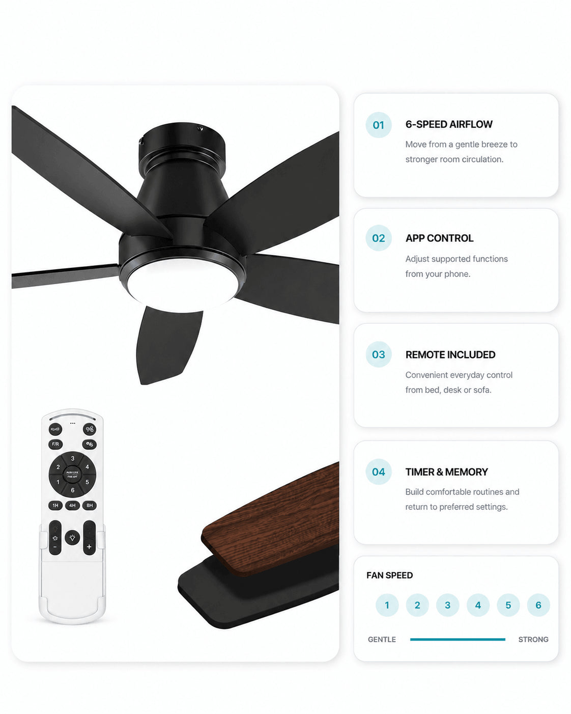 Black AeroGlow ceiling fan light with six-speed app and remote control