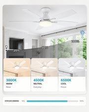 White AeroGlow ceiling fan with warm, neutral and cool adjustable LED lighting