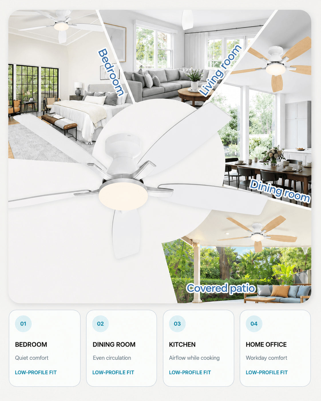 White AeroGlow 42-inch ceiling fan light shown in bedroom, dining and office settings