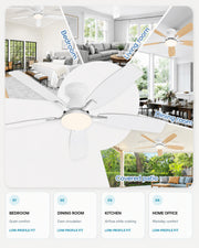 White AeroGlow 42-inch ceiling fan light shown in bedroom, dining and office settings