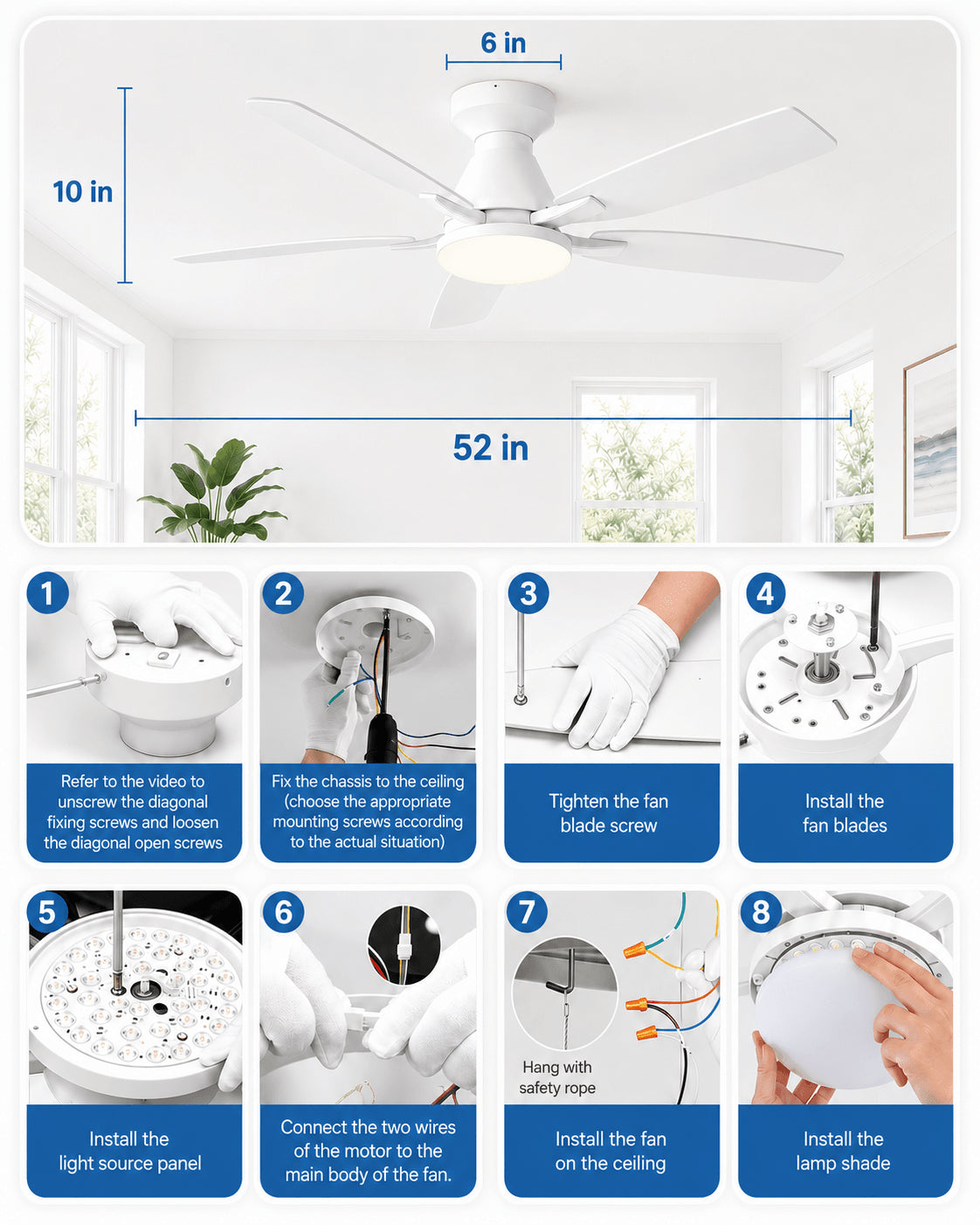 Dimensions and installation guide for the white AeroGlow 42-inch ceiling fan light