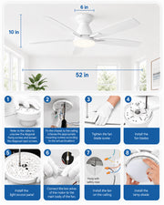 Dimensions and installation guide for the white AeroGlow 42-inch ceiling fan light