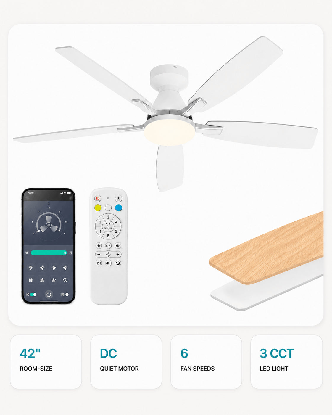 White FancyMay AeroGlow 42-inch low-profile ceiling fan with LED light