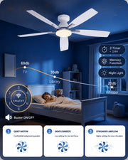 White AeroGlow low-profile ceiling fan light with quiet DC motor