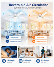 White AeroGlow ceiling fan light illustrating reversible seasonal airflow