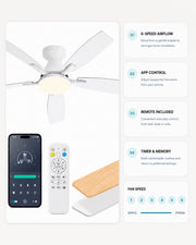 White AeroGlow ceiling fan light with six-speed app and remote control