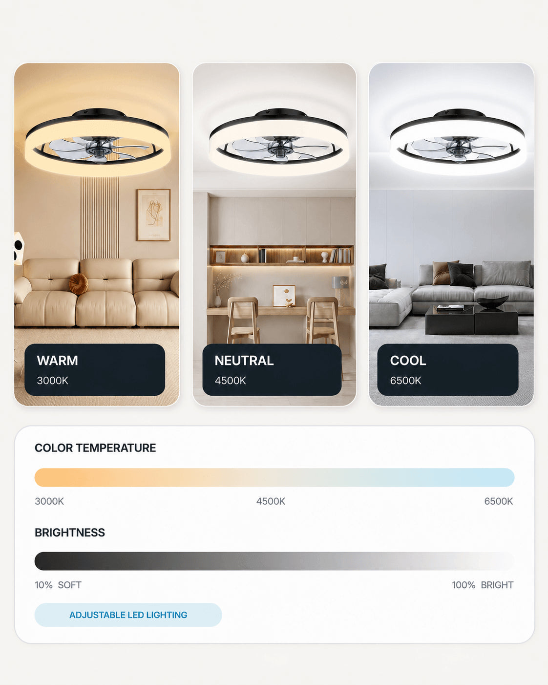 Black MiniGlow ceiling fan with warm, neutral and cool adjustable LED lighting
