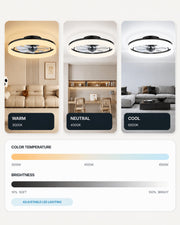Black MiniGlow ceiling fan with warm, neutral and cool adjustable LED lighting