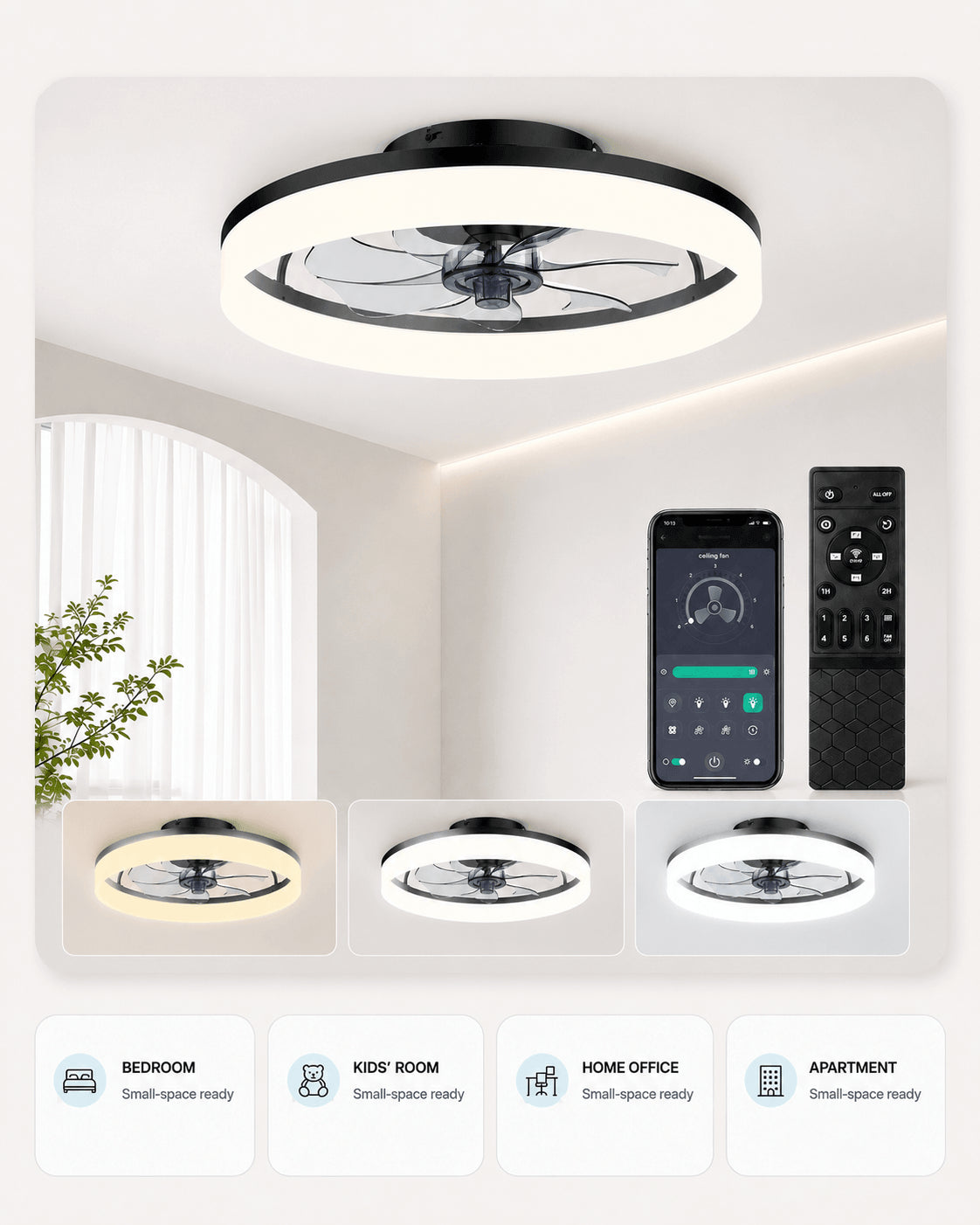 Black MiniGlow ceiling fan light shown in compact bedroom and home office settings