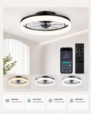 Black MiniGlow ceiling fan light shown in compact bedroom and home office settings