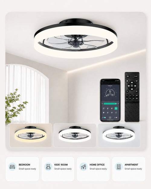 Black MiniGlow ceiling fan light shown in compact bedroom and home office settings