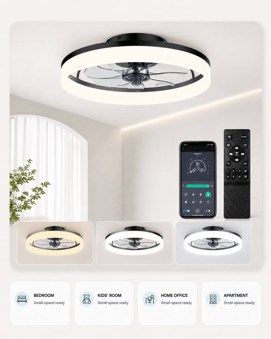 Black MiniGlow ceiling fan light shown in compact bedroom and home office settings