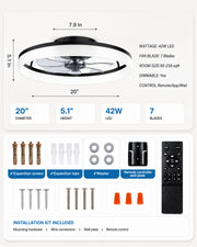 Dimensions and installation kit for the black MiniGlow 20-inch ceiling fan light