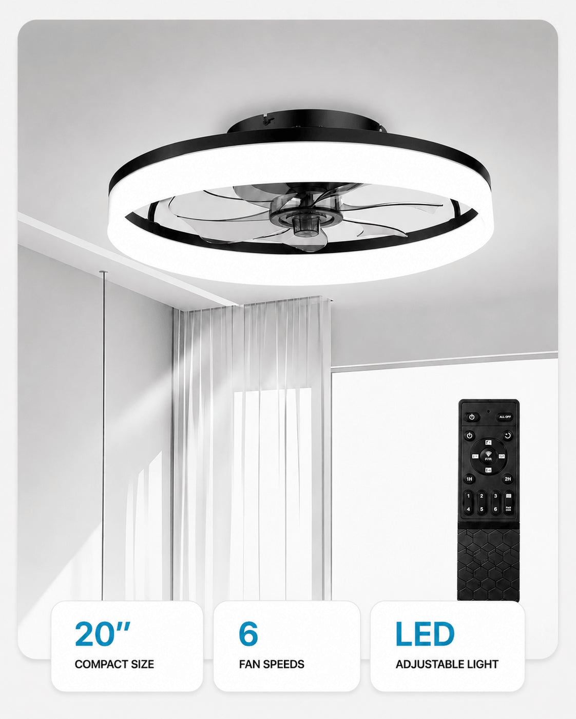 Black FancyMay MiniGlow 20-inch low-profile ceiling fan with LED light