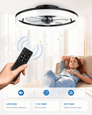 Black MiniGlow low-profile ceiling fan light designed for quiet room comfort