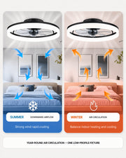 Black MiniGlow ceiling fan light illustrating reversible seasonal airflow