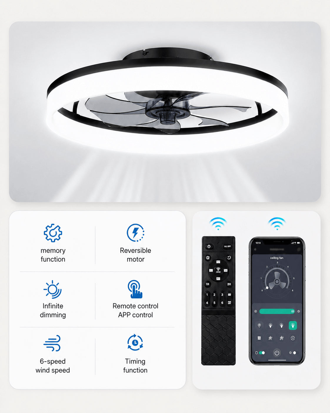 Black MiniGlow ceiling fan light with six-speed remote control