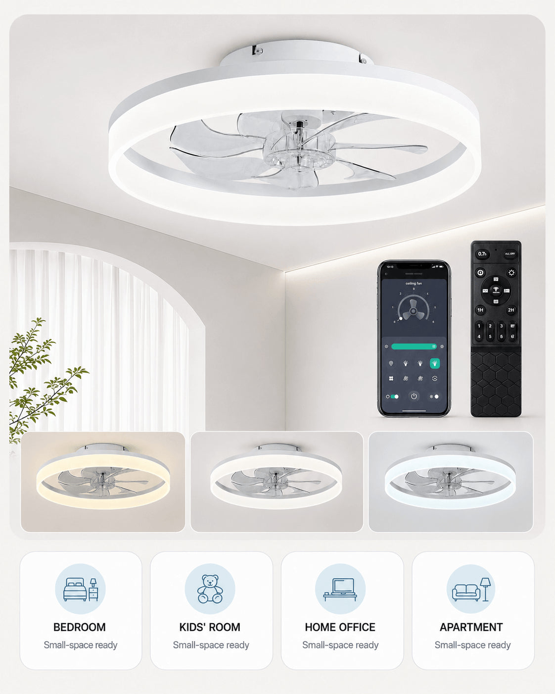 White MiniGlow ceiling fan light shown in compact bedroom and home office settings
