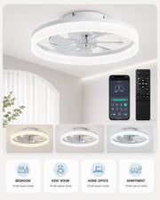 White MiniGlow ceiling fan light shown in compact bedroom and home office settings