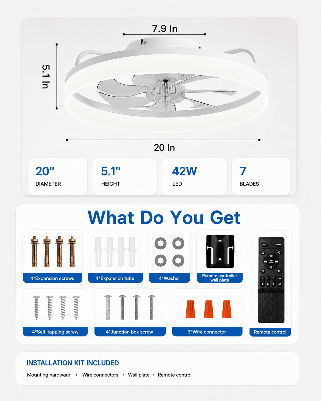 Dimensions and installation kit for the white MiniGlow 20-inch ceiling fan light