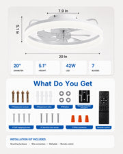 Dimensions and installation kit for the white MiniGlow 20-inch ceiling fan light