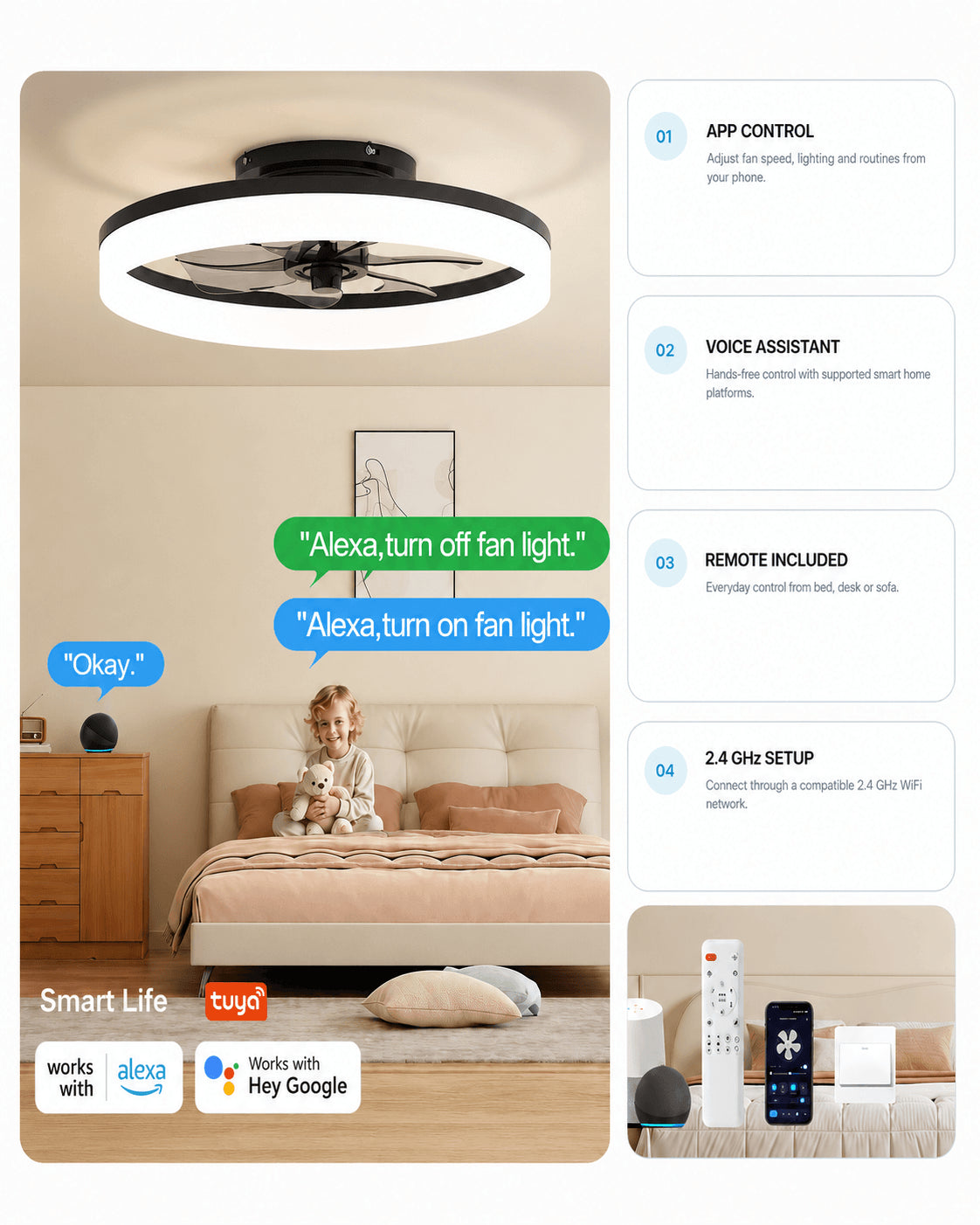 Black MiniGlow Smart+ WiFi ceiling fan light with app and remote control