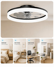 Black MiniGlow Smart+ ceiling fan light shown in compact bedroom and home office settings