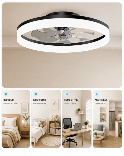 Black MiniGlow Smart+ ceiling fan light shown in compact bedroom and home office settings