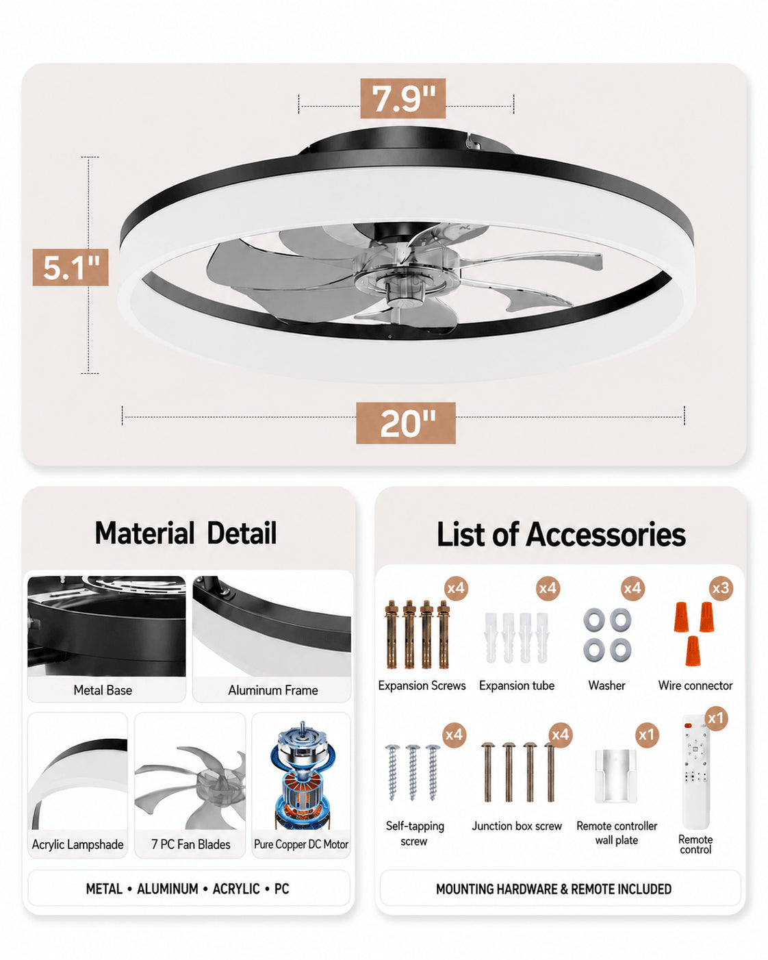 Dimensions, materials and installation kit for the black MiniGlow Smart+ ceiling fan light