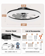 Dimensions, materials and installation kit for the black MiniGlow Smart+ ceiling fan light