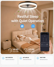 Black MiniGlow Smart+ low-profile ceiling fan light designed for quiet comfort