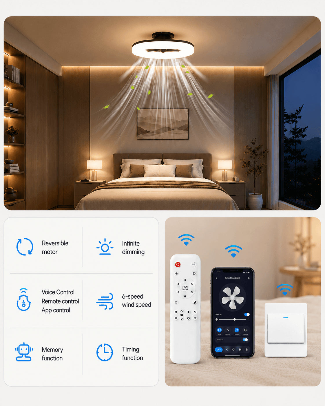 Black MiniGlow Smart+ ceiling fan light with six speeds and timer