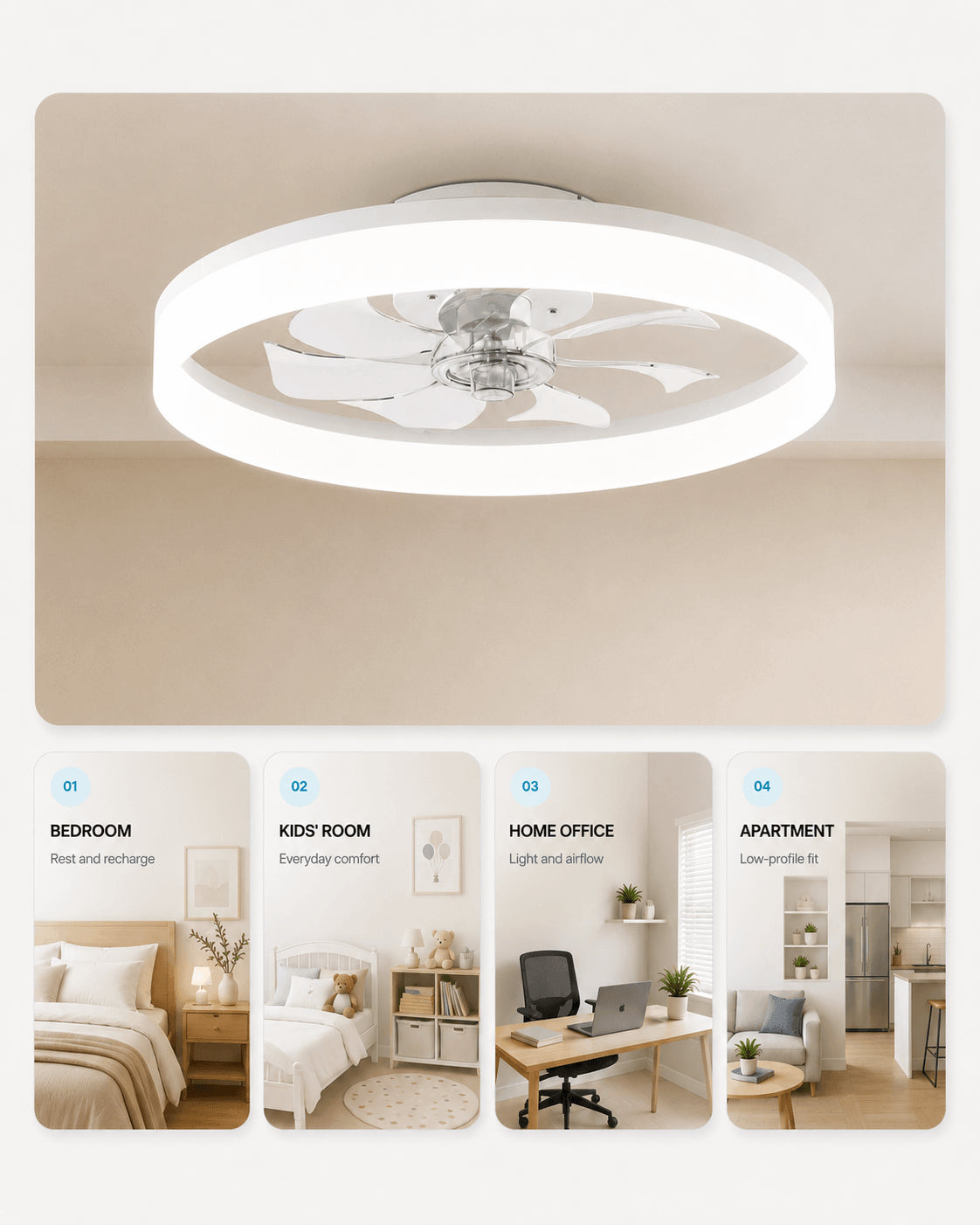 White MiniGlow Smart+ ceiling fan light shown in compact bedroom and home office settings