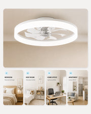 White MiniGlow Smart+ ceiling fan light shown in compact bedroom and home office settings