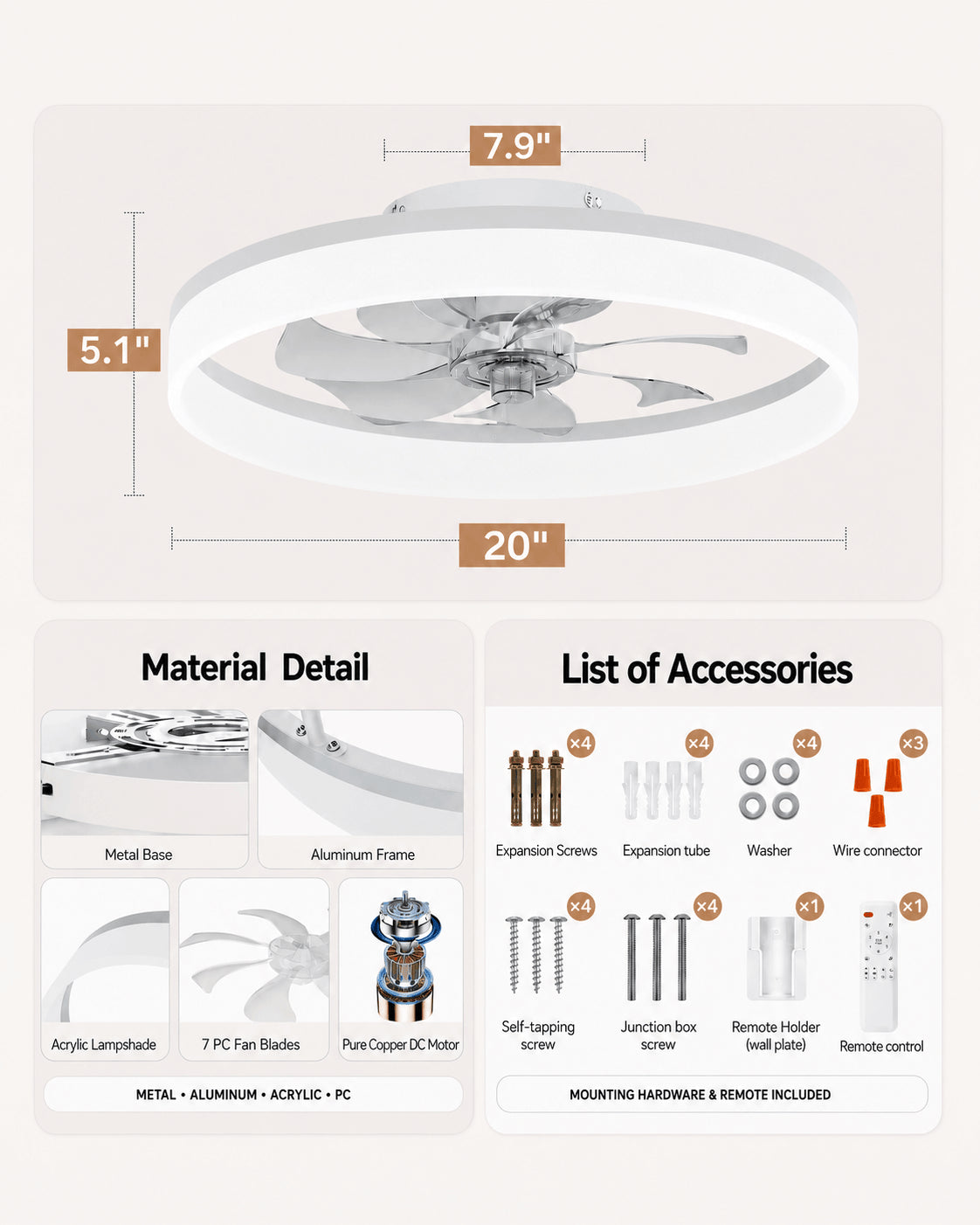 Dimensions, materials and installation kit for the white MiniGlow Smart+ ceiling fan light