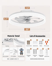 Dimensions, materials and installation kit for the white MiniGlow Smart+ ceiling fan light