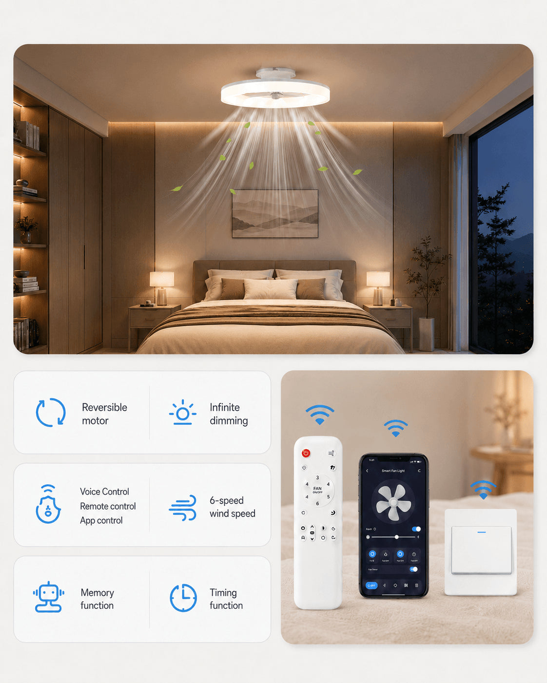 White MiniGlow Smart+ ceiling fan light with six speeds and timer