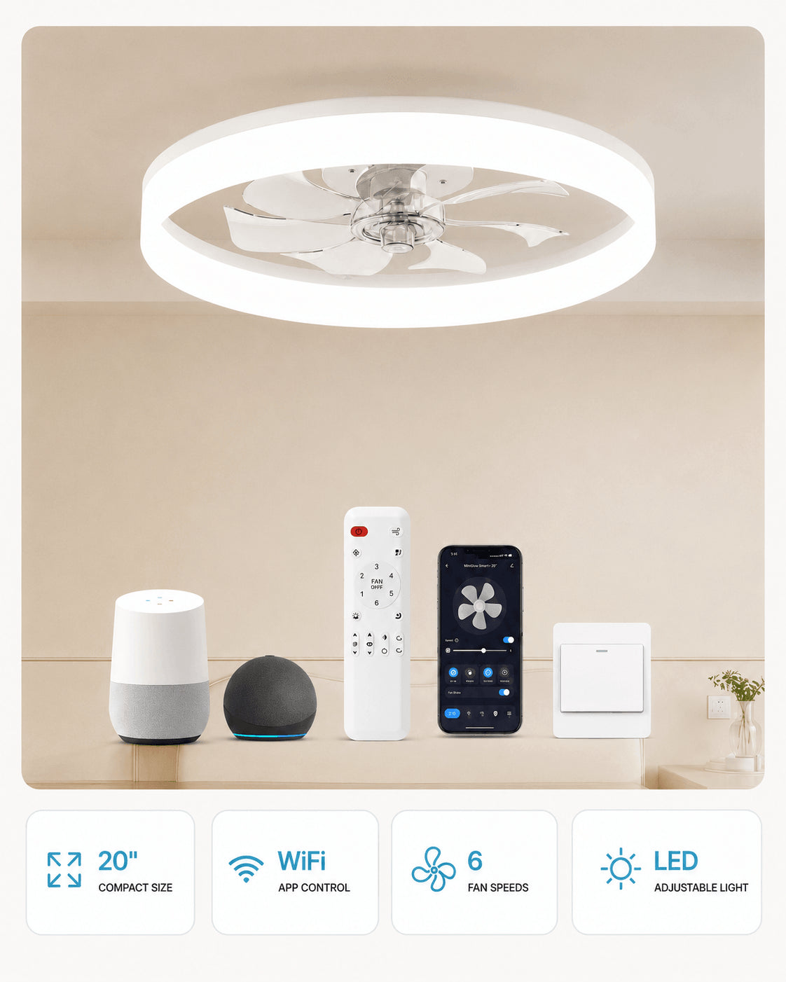 White FancyMay MiniGlow Smart+ 20-inch low-profile WiFi ceiling fan light