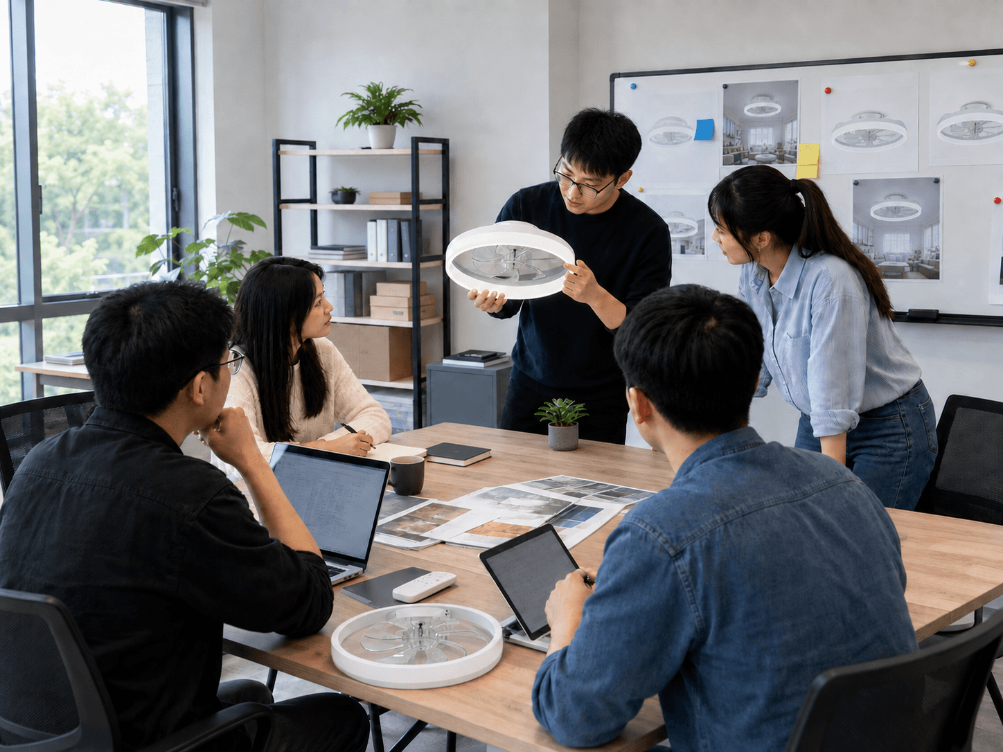 FancyMay team reviewing low profile fan light samples