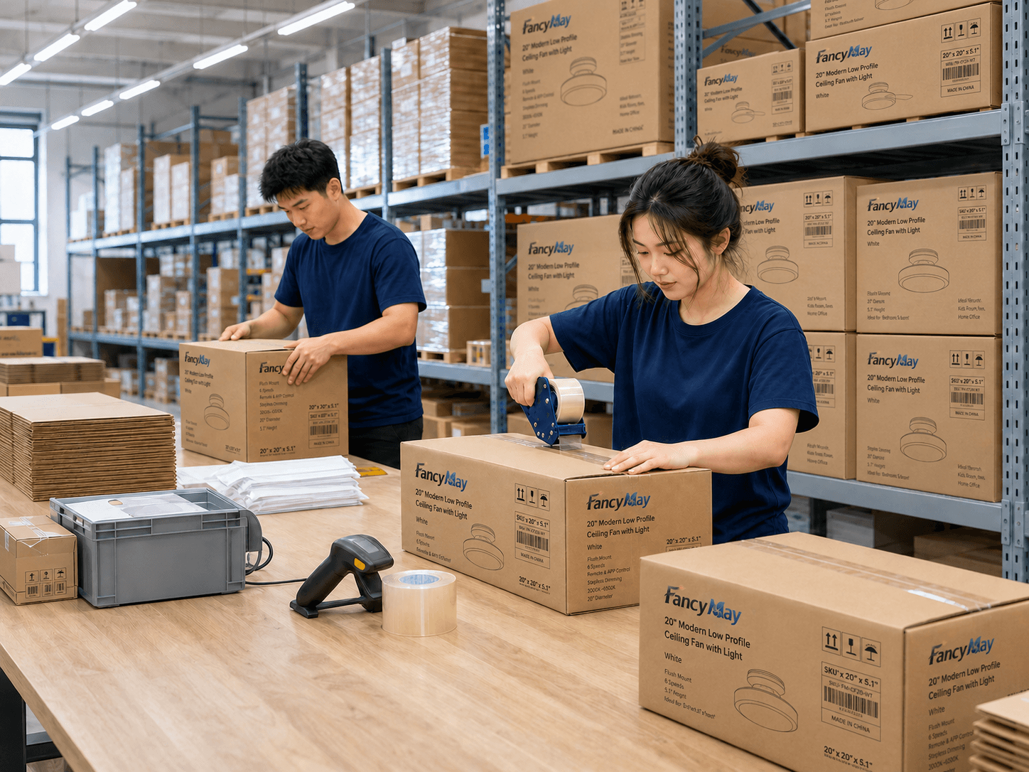 FancyMay warehouse shelves and cartons being packed for shipment